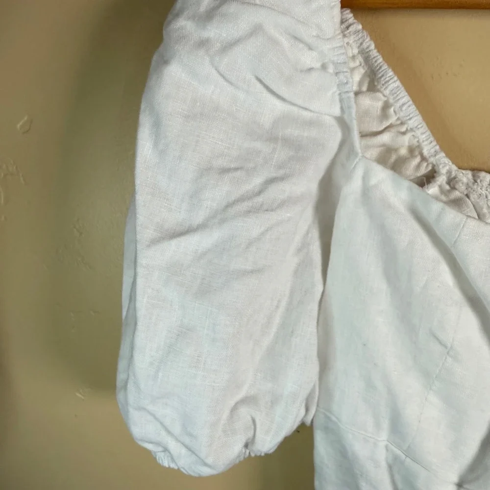 REFORMATION Rory Linen Top Women 8 White Smocked Puff Sleeve Milkmaid Coquette